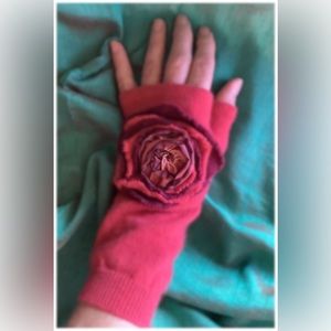 Rust Red 100% Cashmere, fingerless gloves hand warmers with flower
